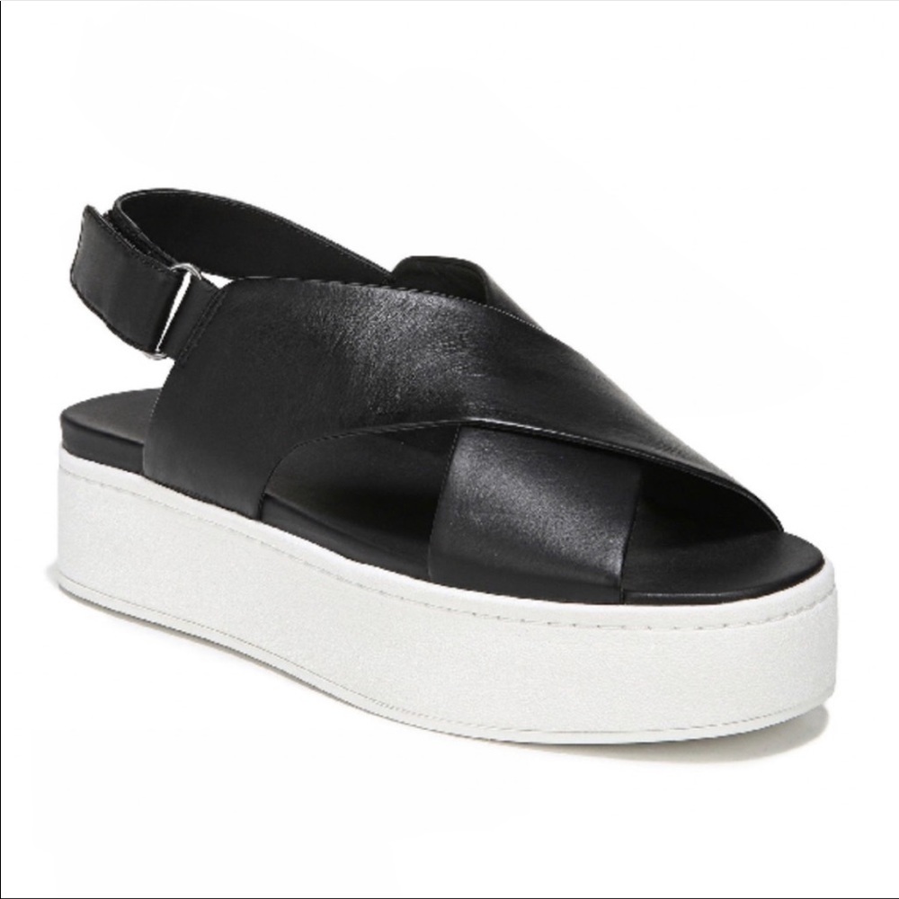 VINCE Black Leather Criss Cross Open Toe Platform Slingback Sandal Sporty Chic